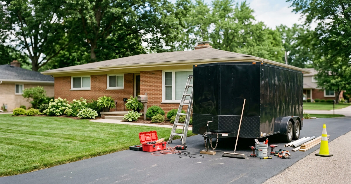 K&R Year Round Services trailer and tools at a Farmington Hills MI property