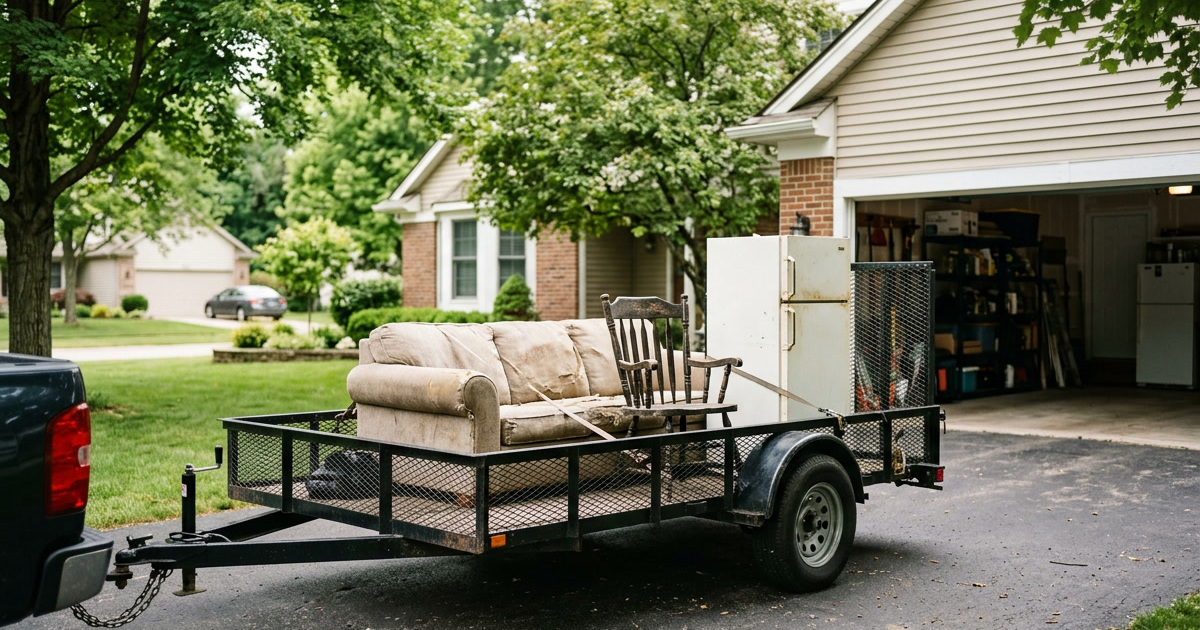 K&R Year Round Services trailer loaded with furniture and appliances during a Metro Detroit cleanout