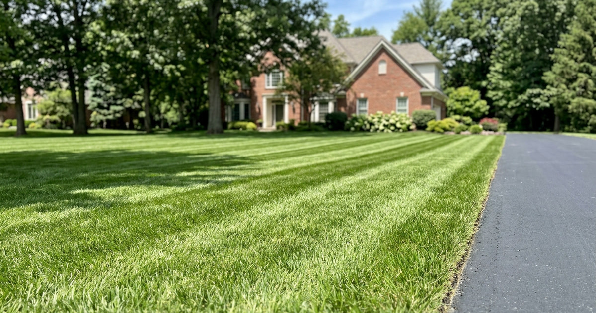 Freshly mowed Michigan lawn with professional striping pattern